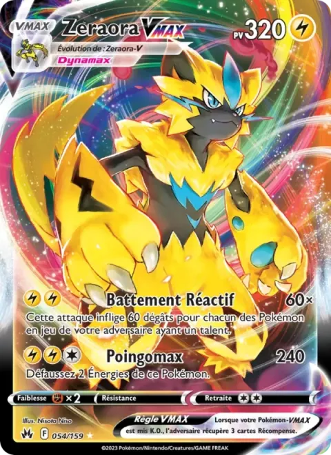 Carte Pokémon Zeraora VMAX 054/159, extension Zénith Suprême